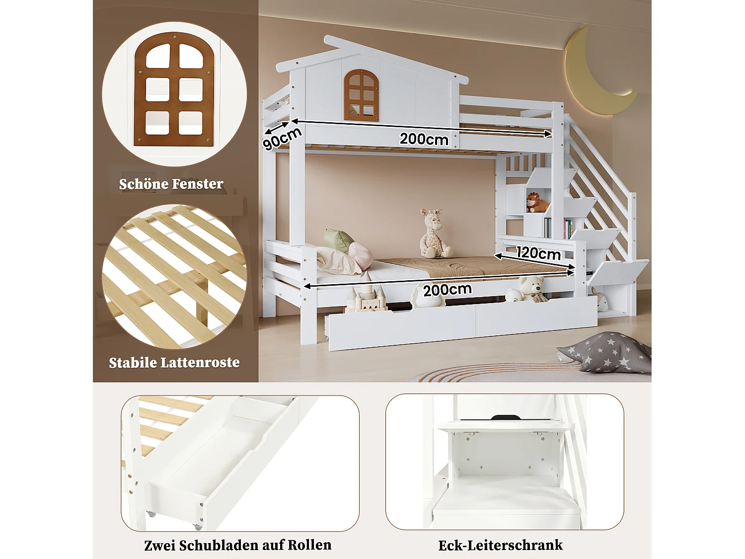 Kinderstapelbed - 90 x 200 cm + 120 x 200 cm - met 2 lades + opbergtrap - grenen + MDF - wit