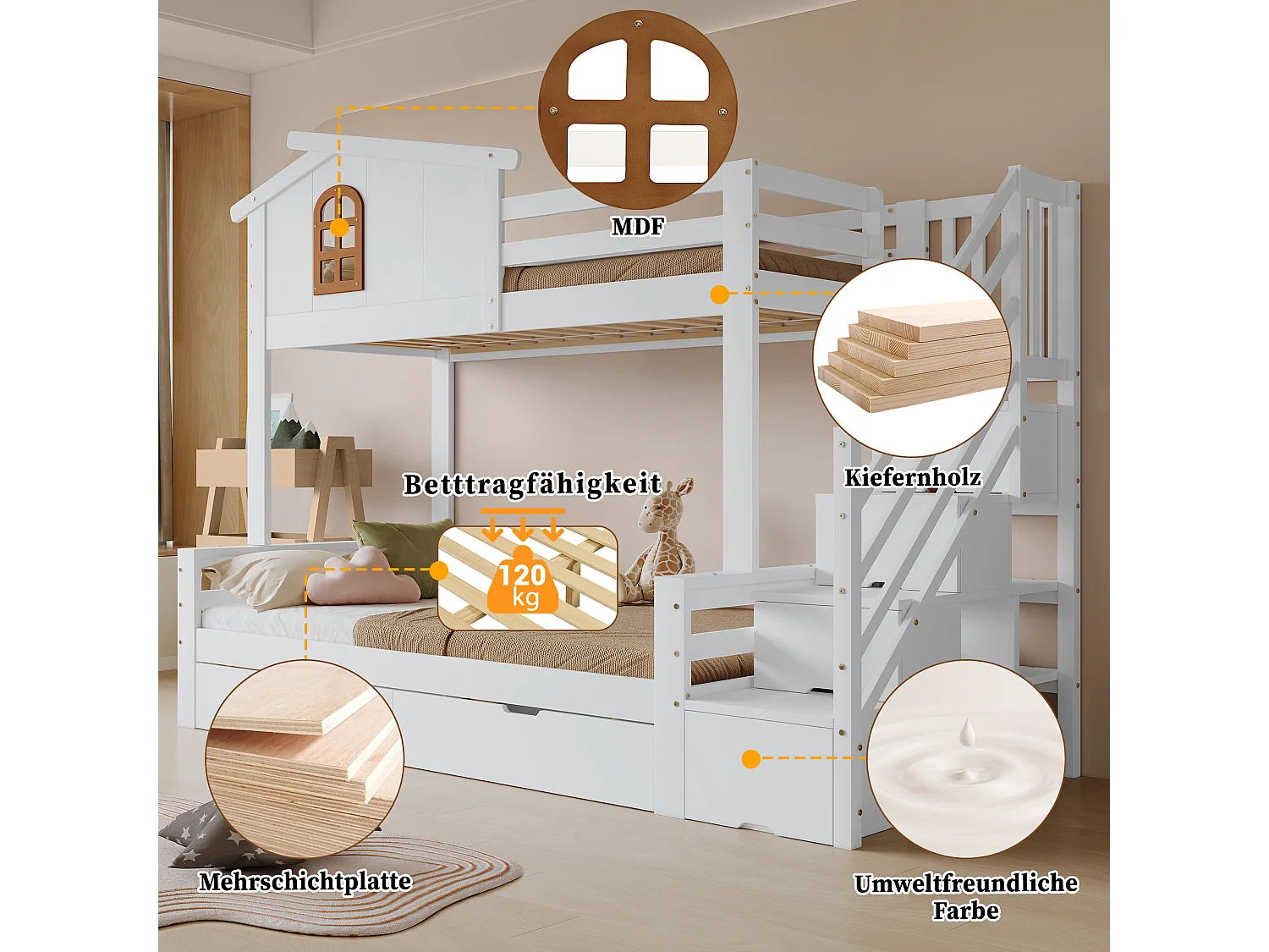 Kinderstapelbed - 90 x 200 cm + 120 x 200 cm - met 2 lades + opbergtrap - grenen + MDF - wit