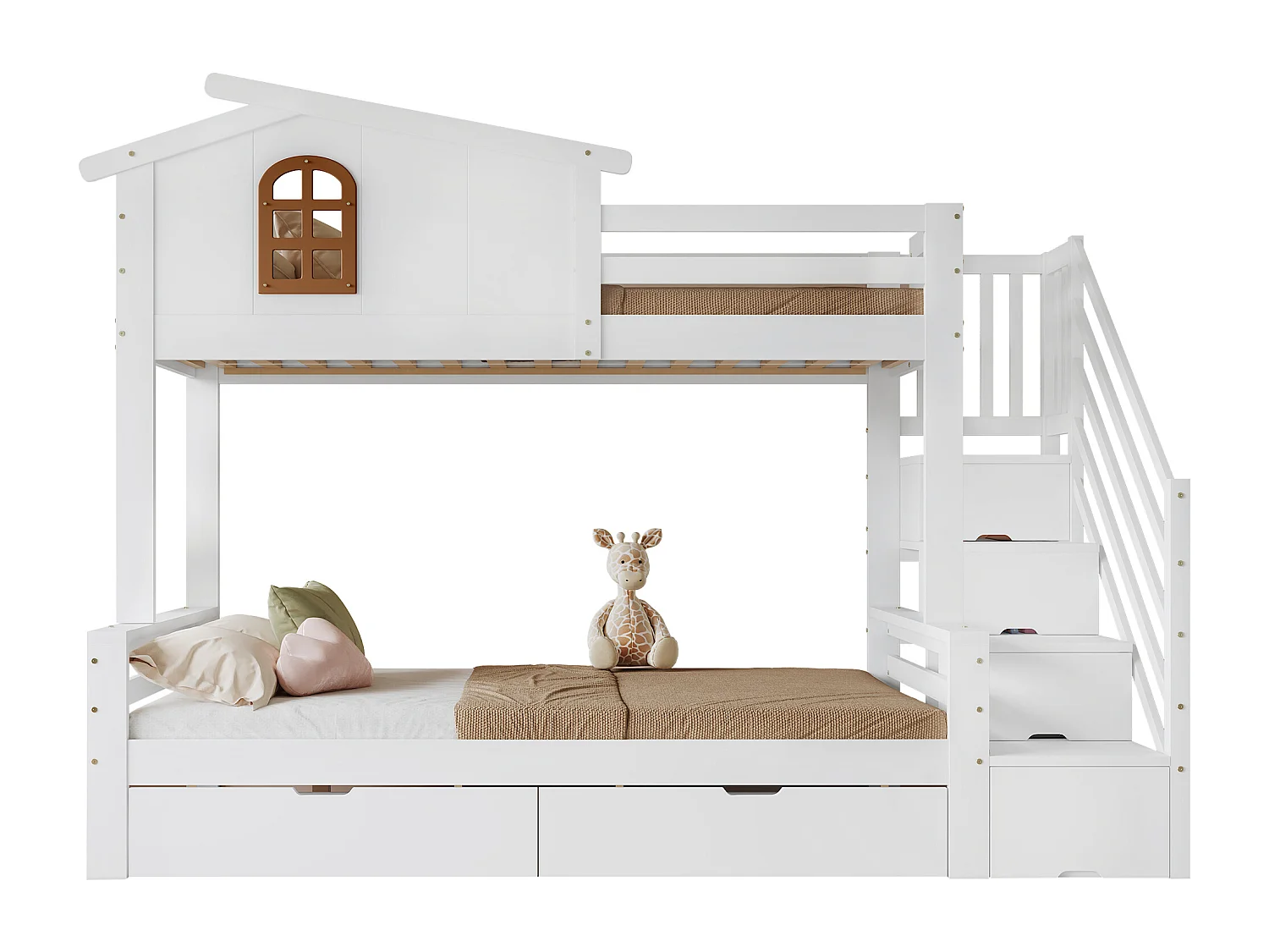 Kinderstapelbed - 90 x 200 cm + 120 x 200 cm - met 2 lades + opbergtrap - grenen + MDF - wit