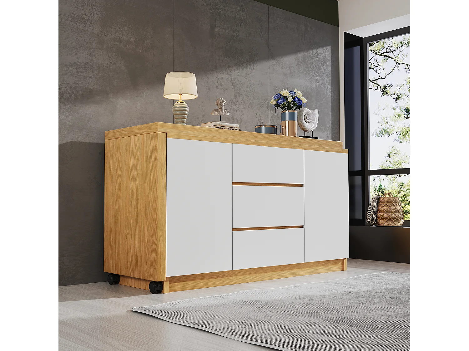 Bureau et buffet 2 en 1 - 120 x 50 x 76.5 cm - rotatif - avec 3 tiroirs + 2 portes - aggloméré - blanc