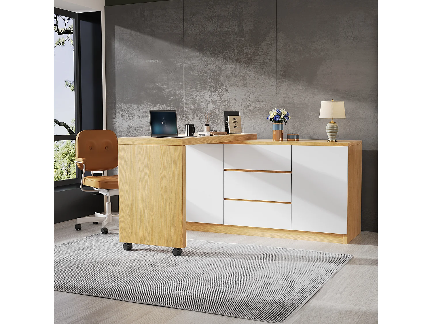 Bureau et buffet 2 en 1 - 120 x 50 x 76.5 cm - rotatif - avec 3 tiroirs + 2 portes - aggloméré - blanc