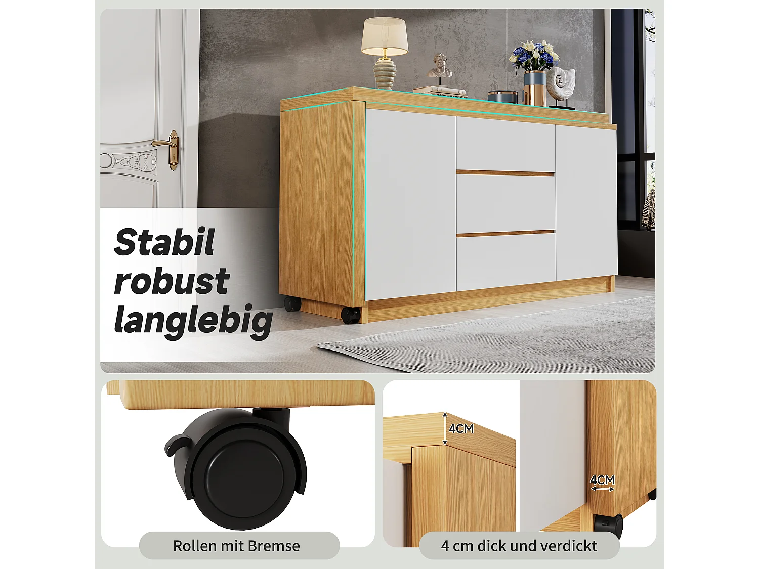 Bureau et buffet 2 en 1 - 120 x 50 x 76.5 cm - rotatif - avec 3 tiroirs + 2 portes - aggloméré - blanc