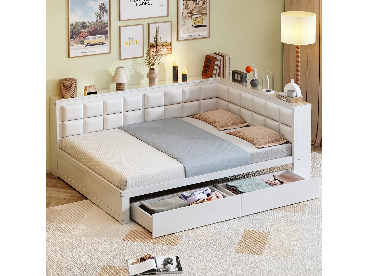 Kinderschlafsofa - 140 x 200 cm - mit weicher Rückenlehne + großer Schublade - Holz - weiß