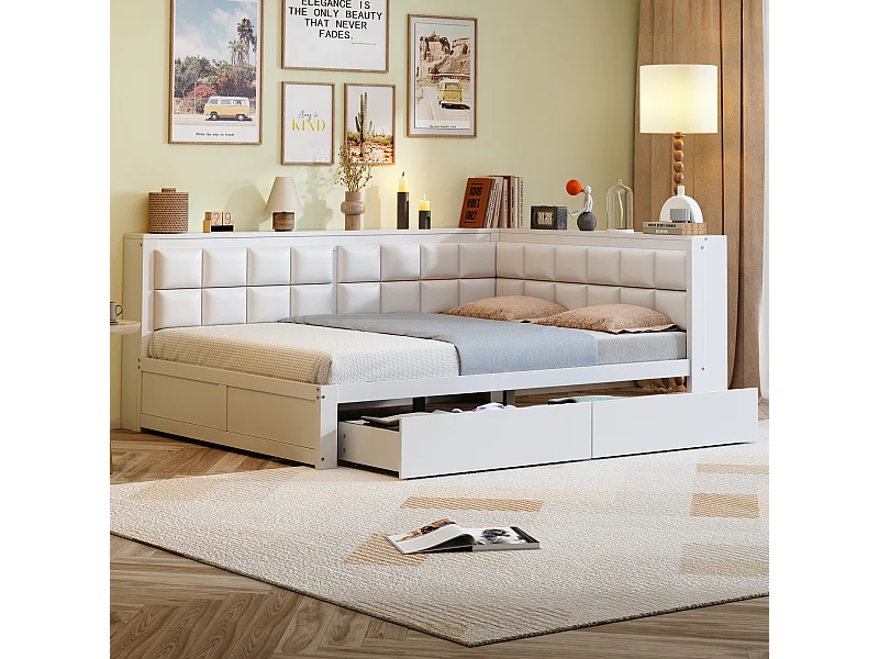 Sofa dziecięca rozkładana - 140 x 200 cm - z miękkim oparciem + duża szuflada - drewno - biała