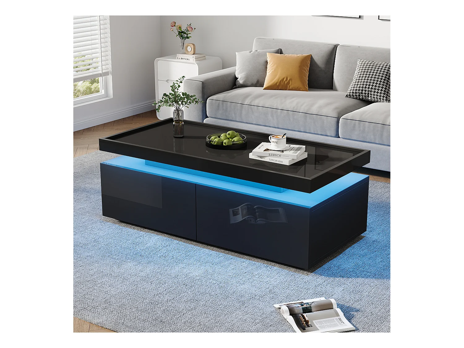 Table basse brillante de salon - 95 x 45 x 35 cm - avec Leds + 2 tiroirs - aggloméré - noir