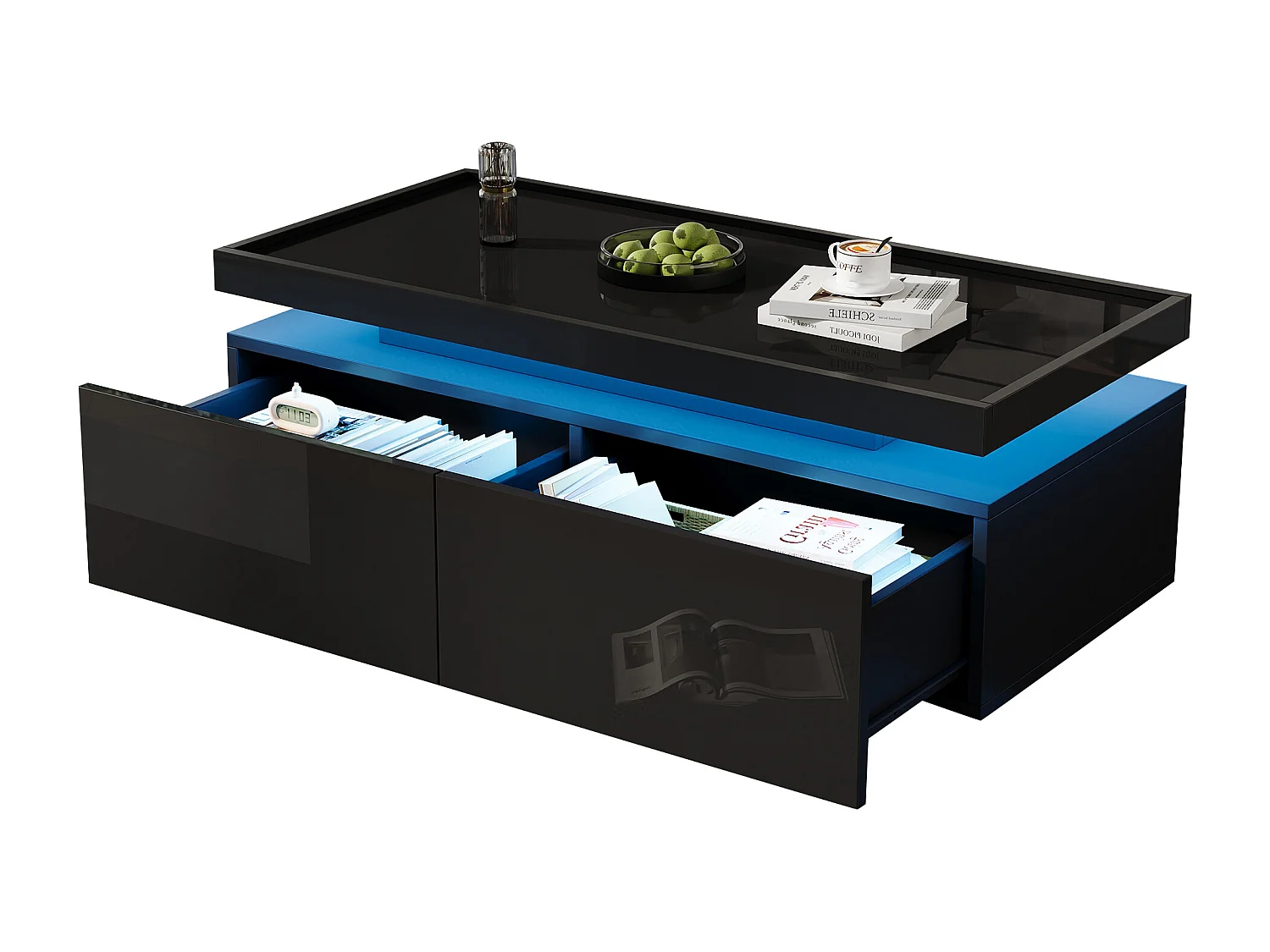 Glanzende salontafel voor de woonkamer - 95 x 45 x 35 cm - met LED's + 2 lades - spaanplaat - zwart