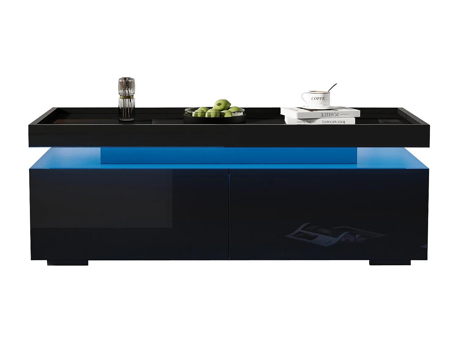 Glanzende salontafel voor de woonkamer - 95 x 45 x 35 cm - met LED's + 2 lades - spaanplaat - zwart