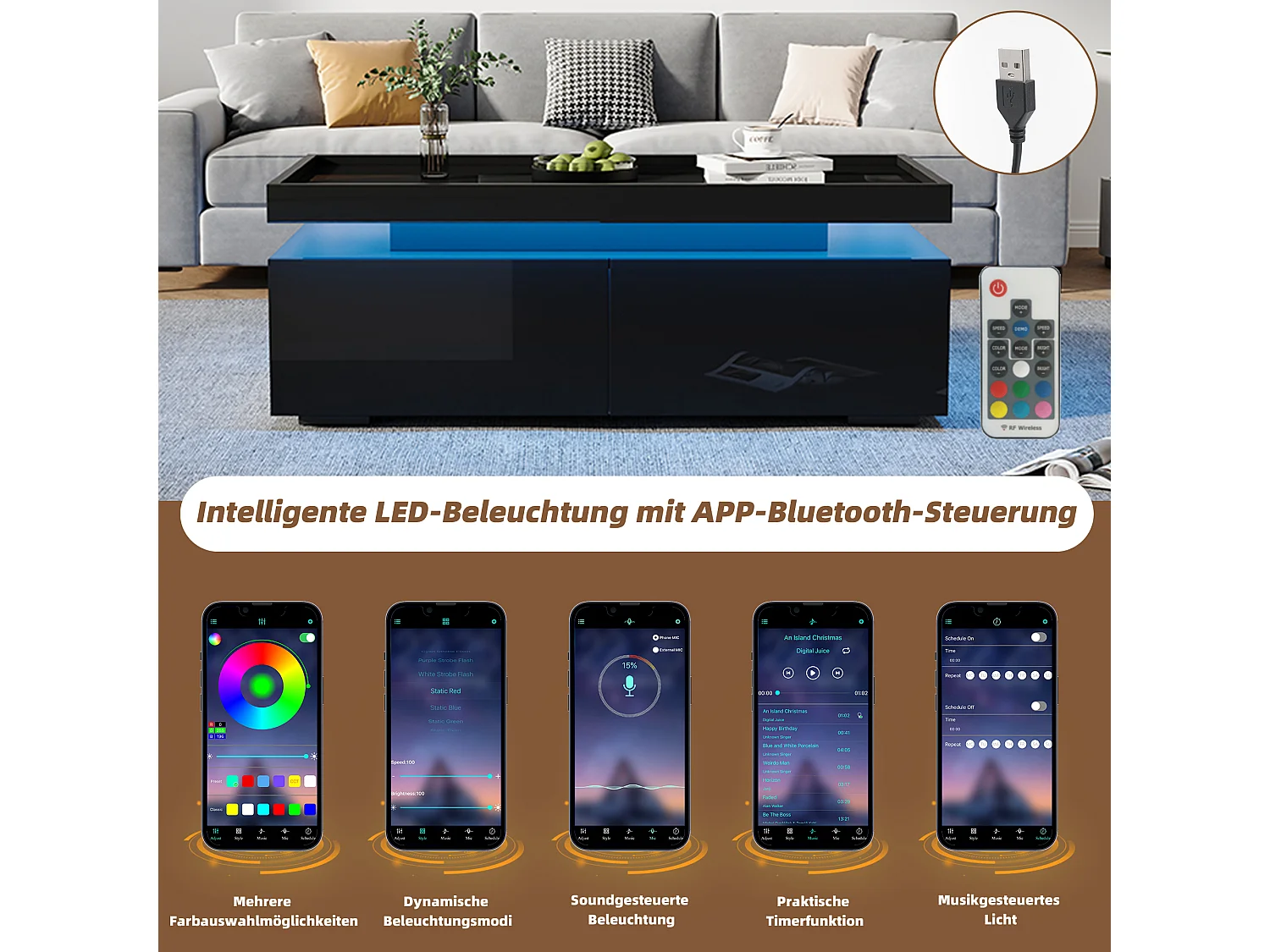 Glanzende salontafel voor de woonkamer - 95 x 45 x 35 cm - met LED's + 2 lades - spaanplaat - zwart