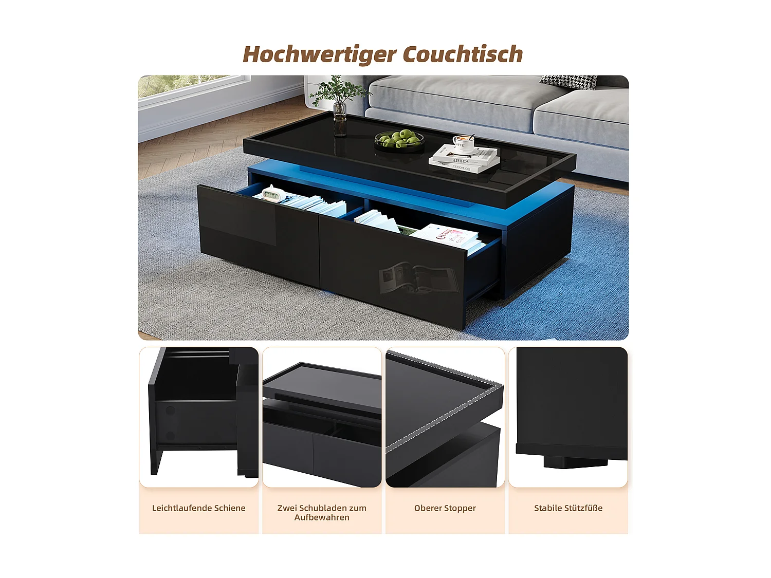 Glanzende salontafel voor de woonkamer - 95 x 45 x 35 cm - met LED's + 2 lades - spaanplaat - zwart