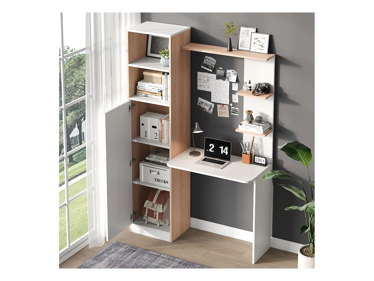 Schreibtisch mit Stauraum – 123,5 x 45 x 168,5 cm – Schrank mit Türen + offenes Regal – MDF – weiß