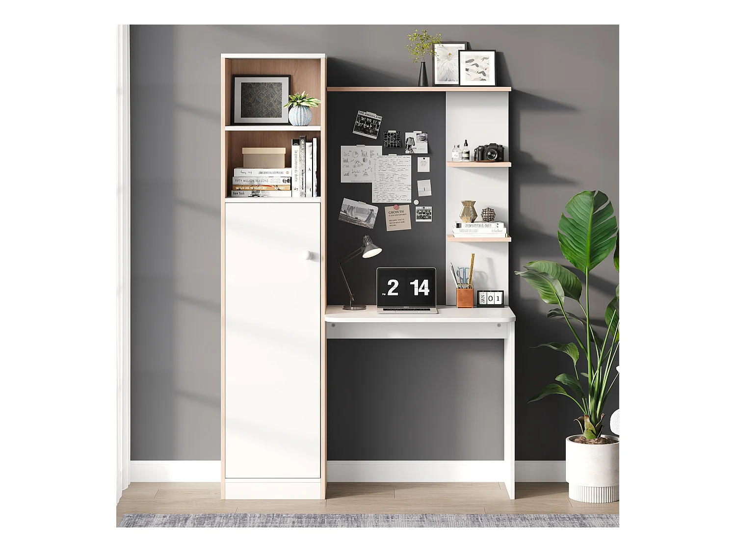 Schreibtisch mit Stauraum – 123,5 x 45 x 168,5 cm – Schrank mit Türen + offenes Regal – MDF – weiß