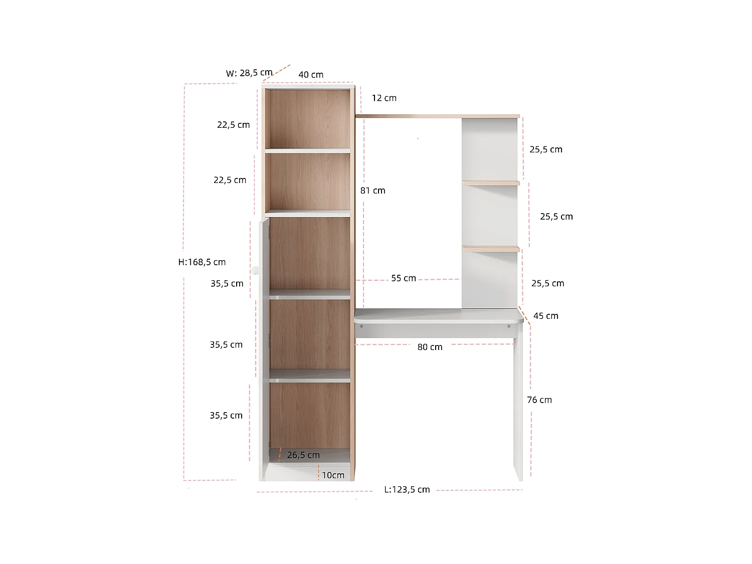 Schreibtisch mit Stauraum – 123,5 x 45 x 168,5 cm – Schrank mit Türen + offenes Regal – MDF – weiß