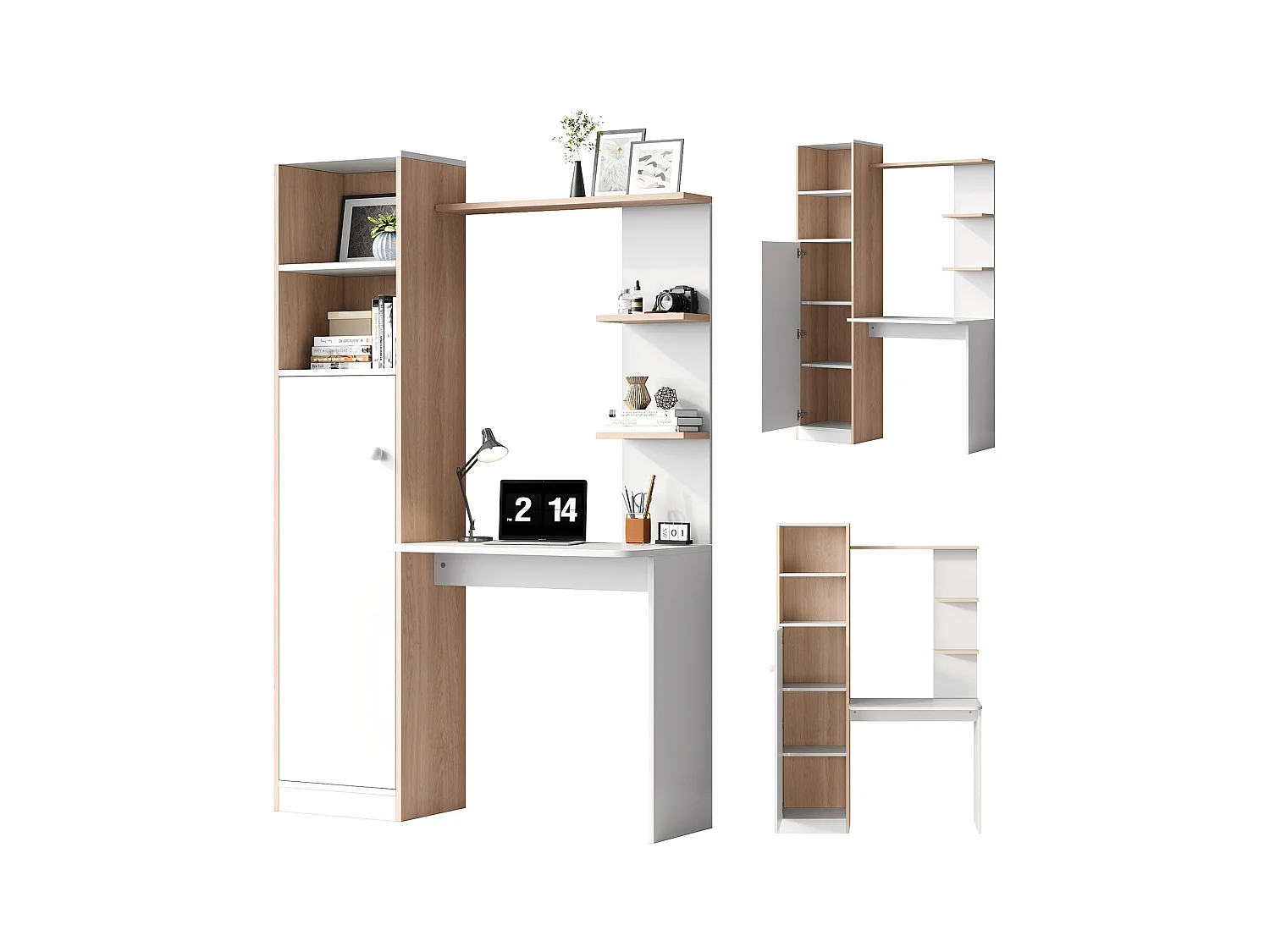 Schreibtisch mit Stauraum – 123,5 x 45 x 168,5 cm – Schrank mit Türen + offenes Regal – MDF – weiß
