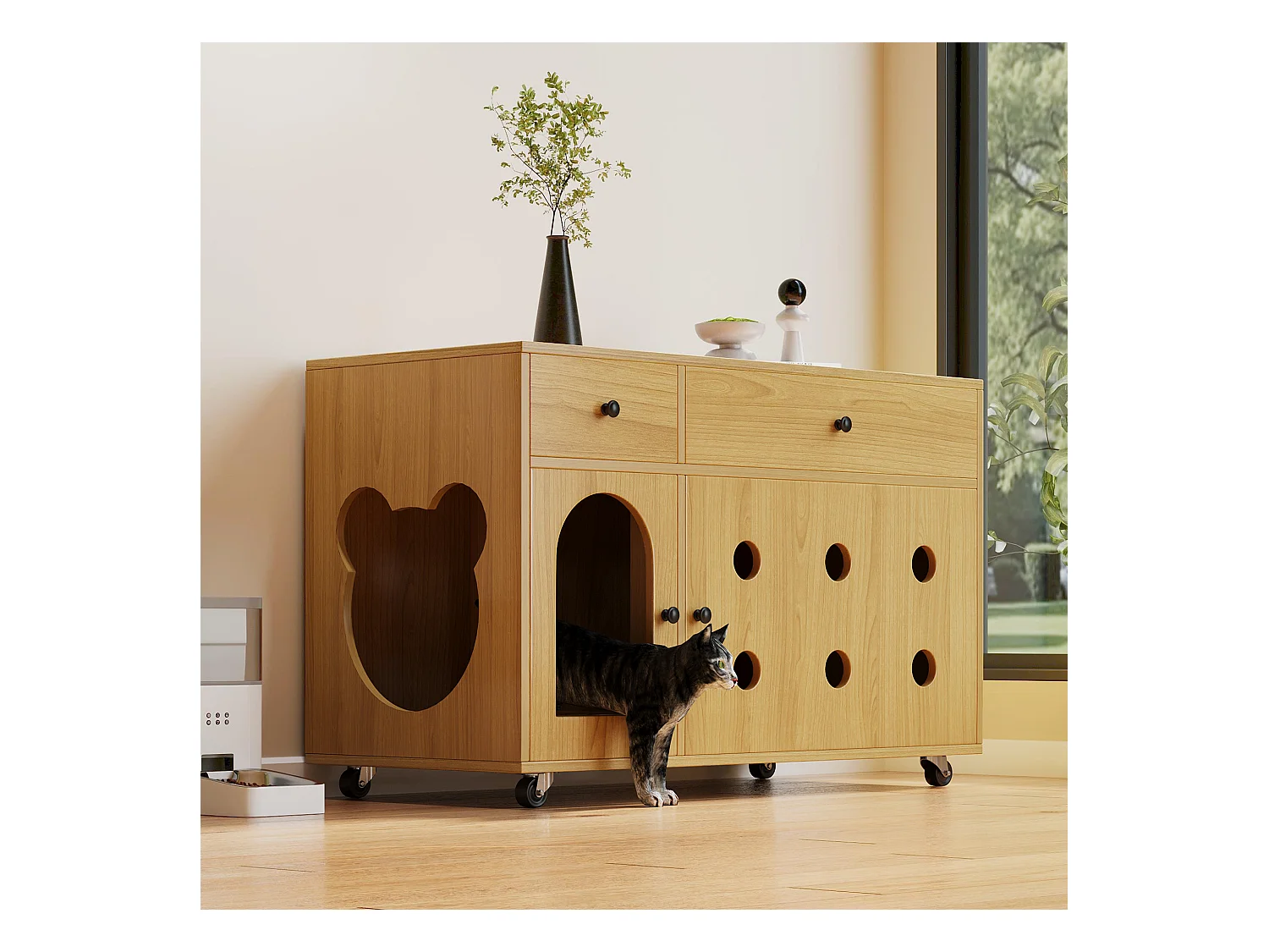 Buffet à roulettes - 100 x 45 x 66 cm - avec bac à sable amovible + isolation des odeurs - MDF - naturel