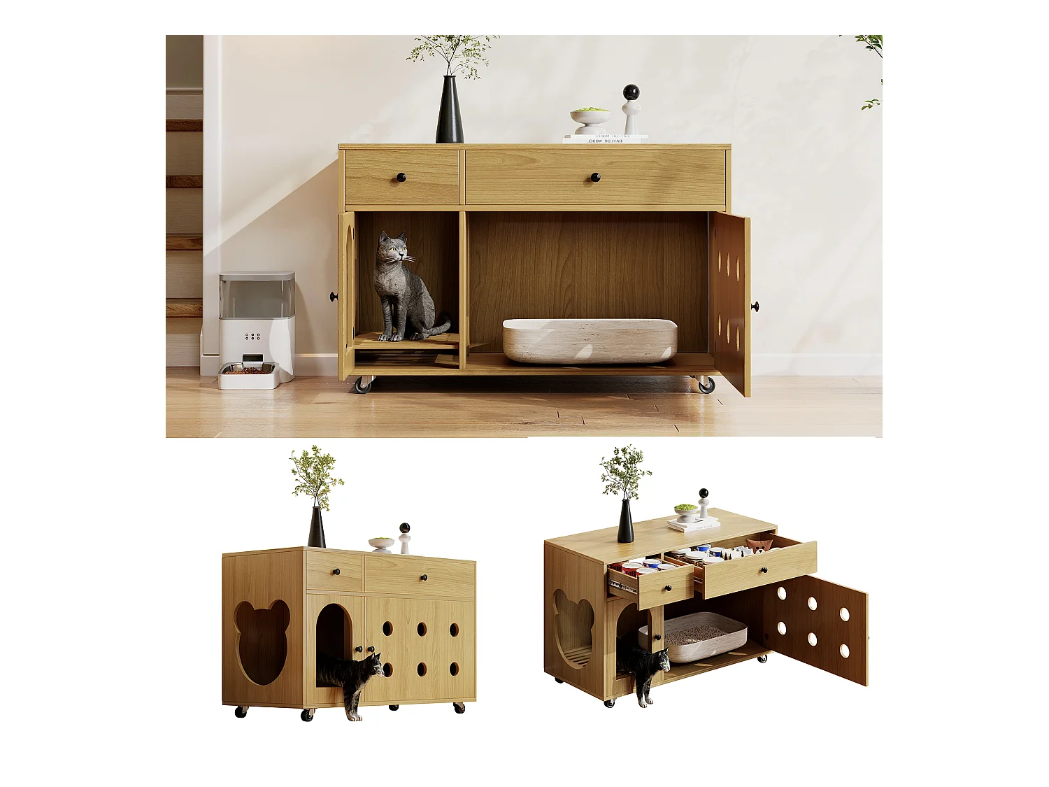 Buffet à roulettes - 100 x 45 x 66 cm - avec bac à sable amovible + isolation des odeurs - MDF - naturel