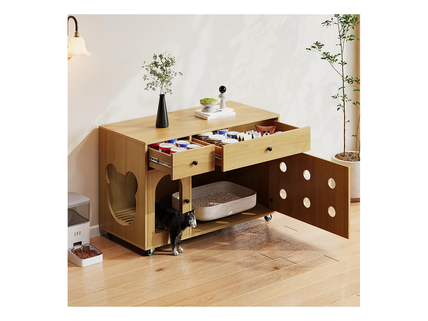 Buffet à roulettes - 100 x 45 x 66 cm - avec bac à sable amovible + isolation des odeurs - MDF - naturel