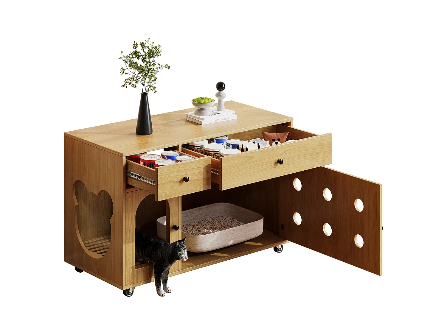 Buffet à roulettes - 100 x 45 x 66 cm - avec bac à sable amovible + isolation des odeurs - MDF - naturel