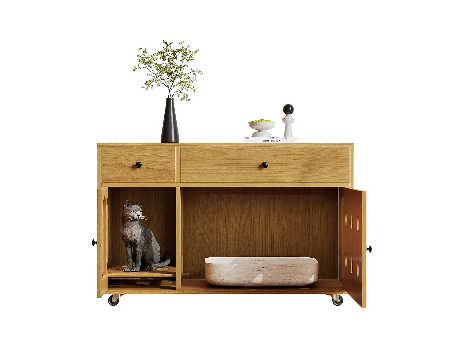 Buffet à roulettes - 100 x 45 x 66 cm - avec bac à sable amovible + isolation des odeurs - MDF - naturel