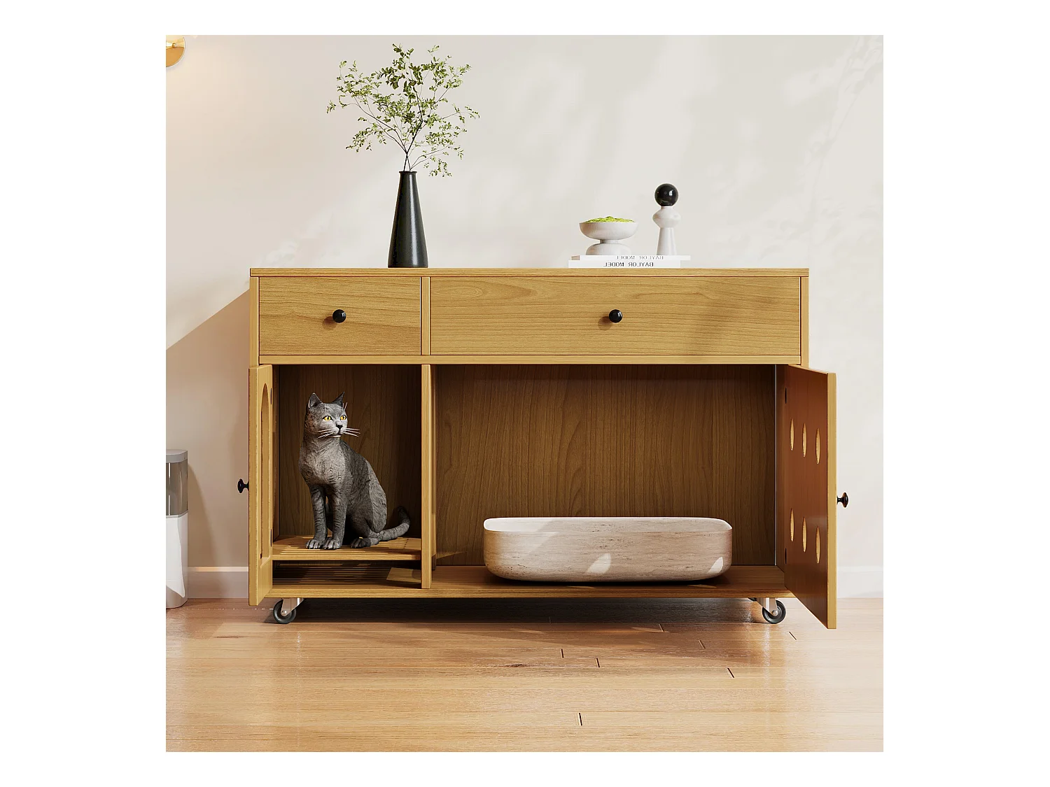 Buffet à roulettes - 100 x 45 x 66 cm - avec bac à sable amovible + isolation des odeurs - MDF - naturel