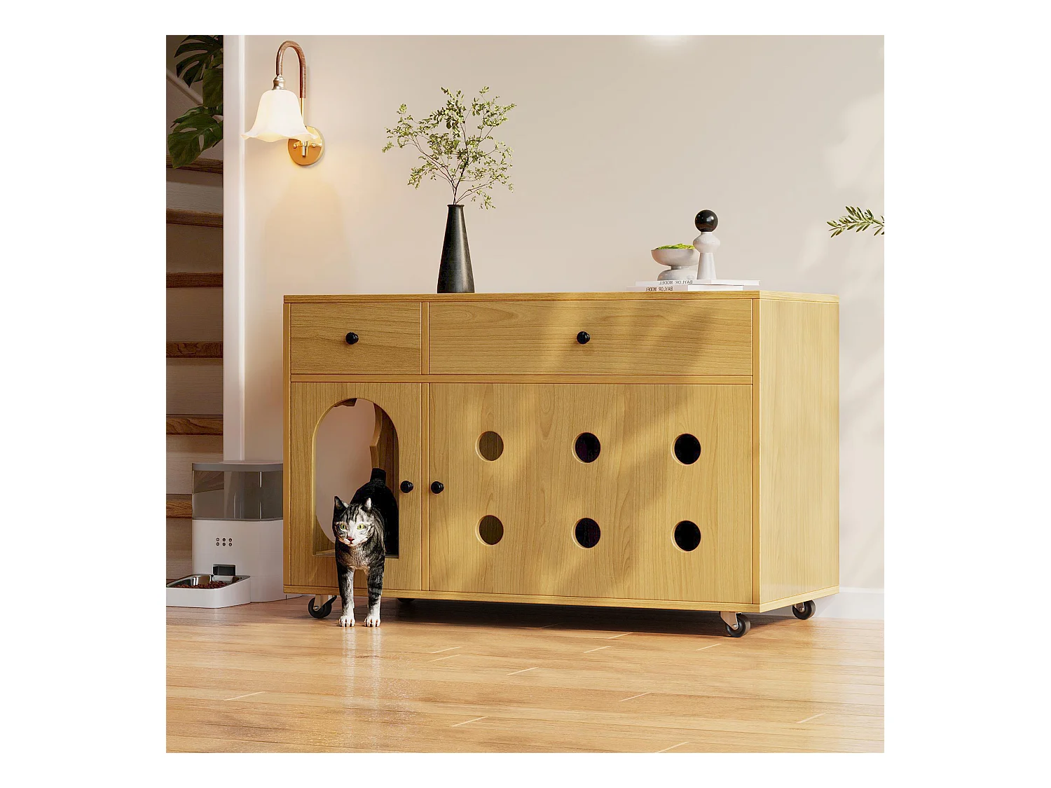 Buffet à roulettes - 100 x 45 x 66 cm - avec bac à sable amovible + isolation des odeurs - MDF - naturel