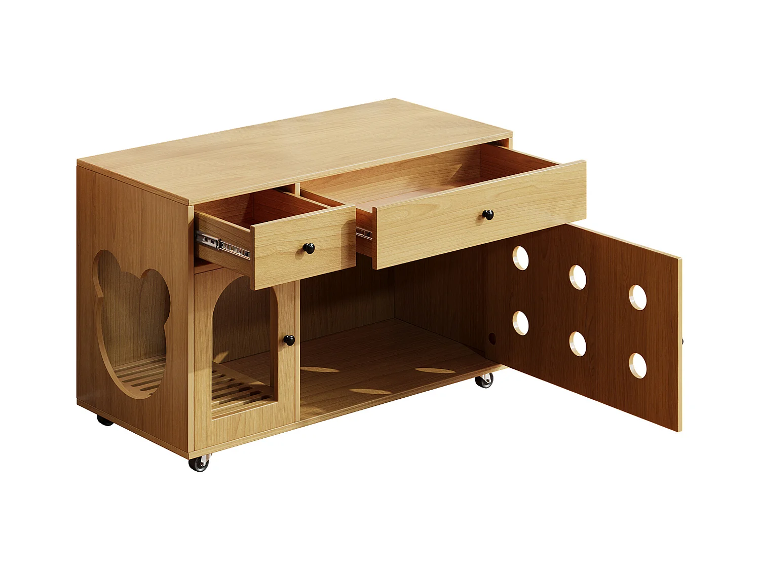 Buffet à roulettes - 100 x 45 x 66 cm - avec bac à sable amovible + isolation des odeurs - MDF - naturel