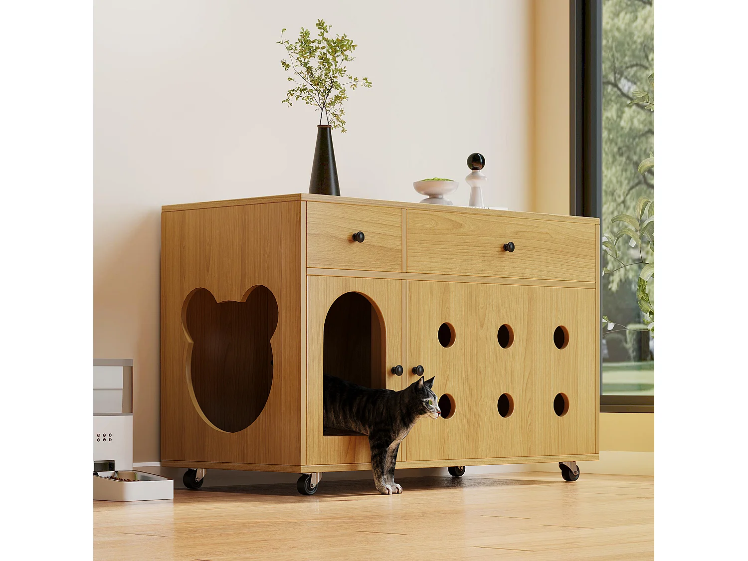 Sideboard auf Rollen - 100 x 45 x 66 cm - mit herausnehmbarem Sandkasten + Geruchsisolierung - MDF - natur