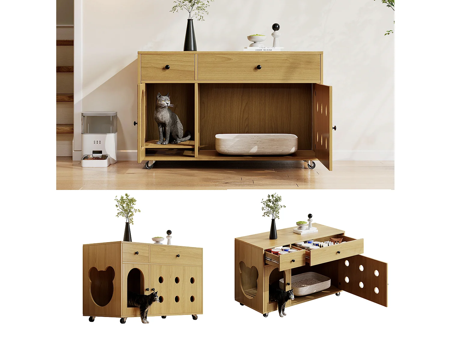Sideboard auf Rollen - 100 x 45 x 66 cm - mit herausnehmbarem Sandkasten + Geruchsisolierung - MDF - natur