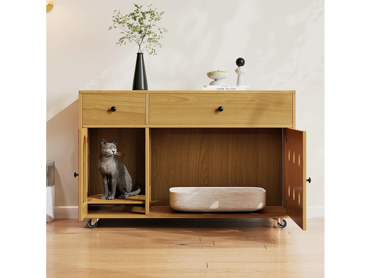 Sideboard auf Rollen - 100 x 45 x 66 cm - mit herausnehmbarem Sandkasten + Geruchsisolierung - MDF - natur