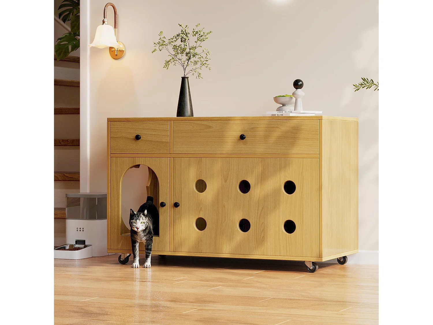 Sideboard auf Rollen - 100 x 45 x 66 cm - mit herausnehmbarem Sandkasten + Geruchsisolierung - MDF - natur