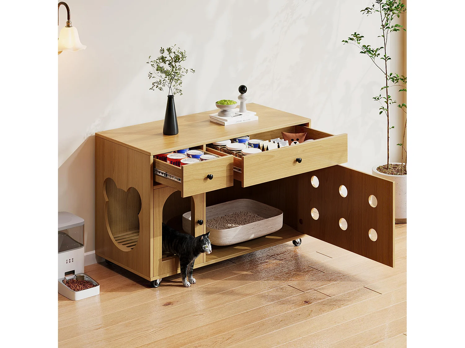Sideboard auf Rollen - 100 x 45 x 66 cm - mit herausnehmbarem Sandkasten + Geruchsisolierung - MDF - natur