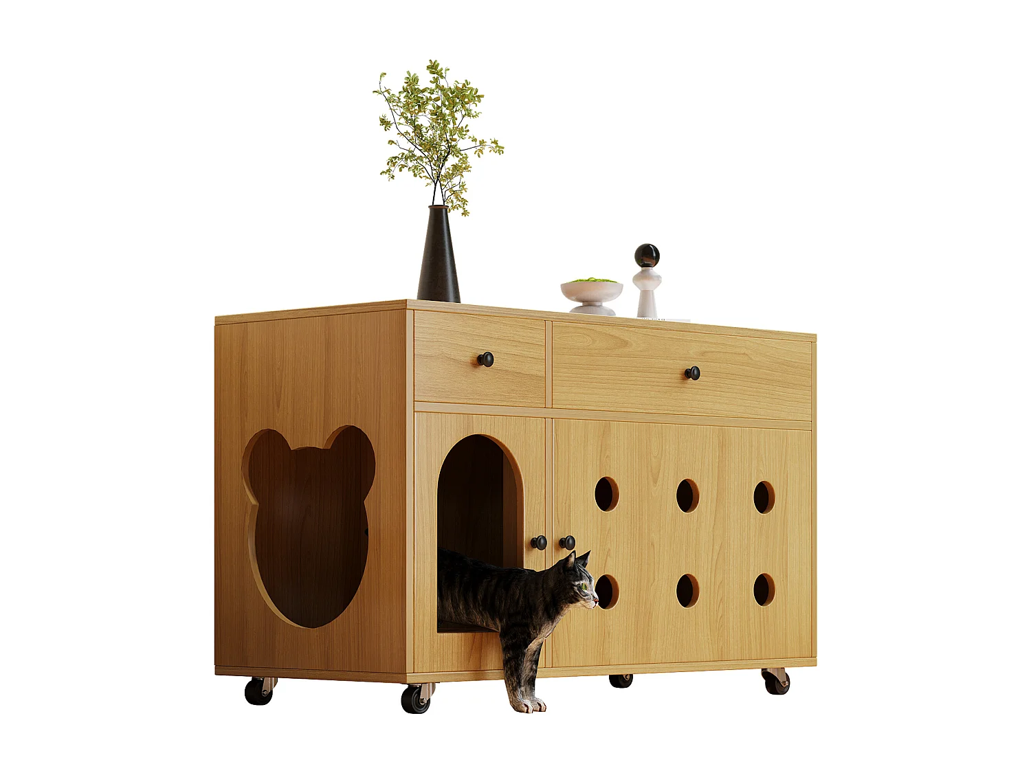 Sideboard auf Rollen - 100 x 45 x 66 cm - mit herausnehmbarem Sandkasten + Geruchsisolierung - MDF - natur