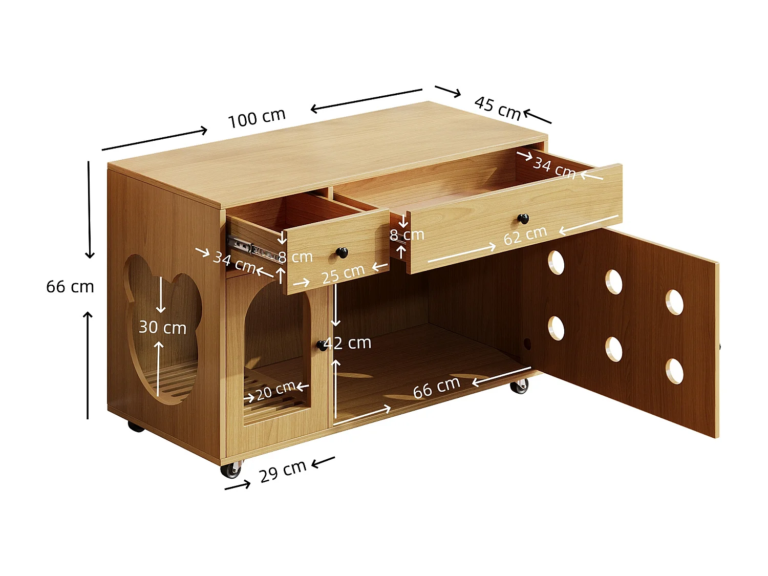 Sideboard auf Rollen - 100 x 45 x 66 cm - mit herausnehmbarem Sandkasten + Geruchsisolierung - MDF - natur