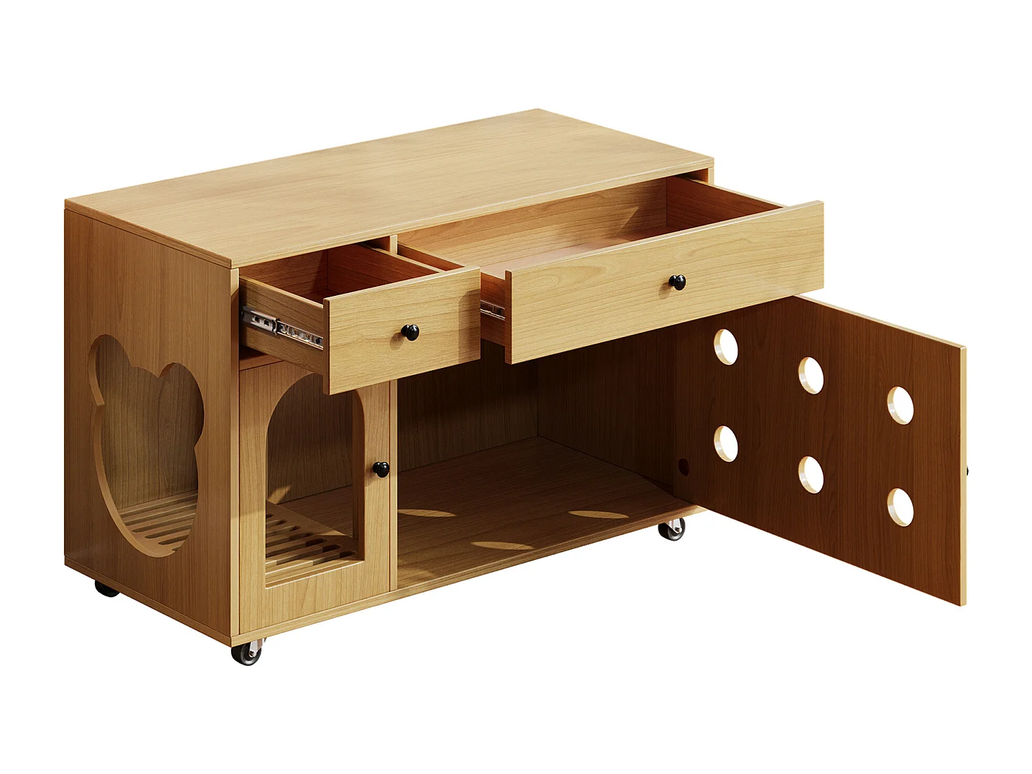 Sideboard auf Rollen - 100 x 45 x 66 cm - mit herausnehmbarem Sandkasten + Geruchsisolierung - MDF - natur