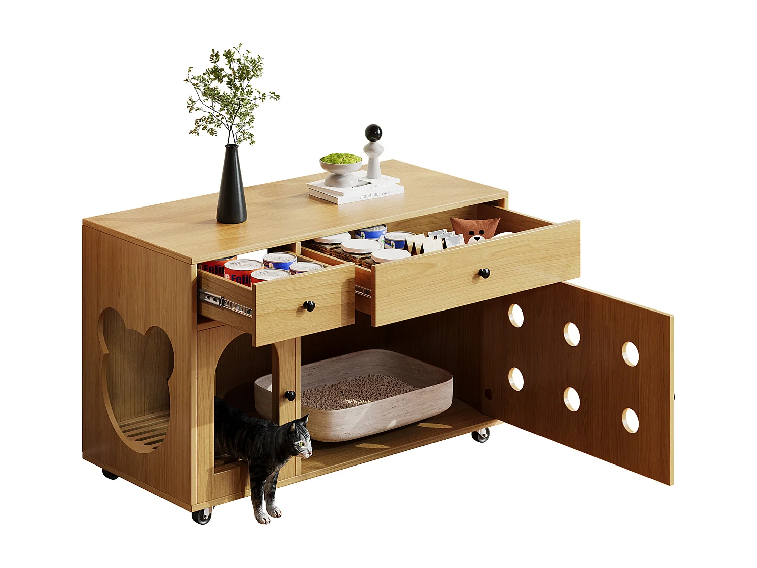 Sideboard auf Rollen - 100 x 45 x 66 cm - mit herausnehmbarem Sandkasten + Geruchsisolierung - MDF - natur