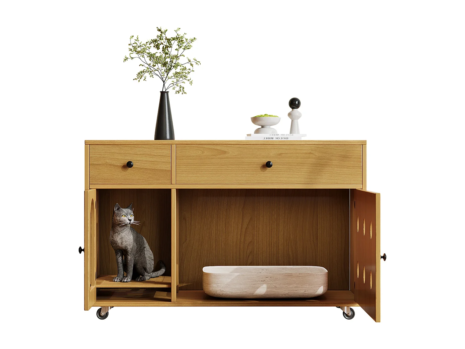 Sideboard auf Rollen - 100 x 45 x 66 cm - mit herausnehmbarem Sandkasten + Geruchsisolierung - MDF - natur