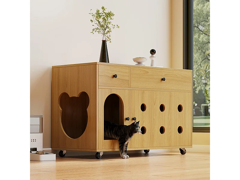 Sideboard auf Rollen - 100 x 45 x 66 cm - mit herausnehmbarem Sandkasten + Geruchsisolierung - MDF - natur