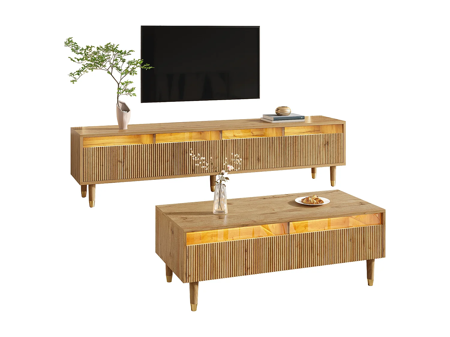 Set mobile TV con 4 cassetti + tavolino con 2 cassetti - con LED - MDF - naturale