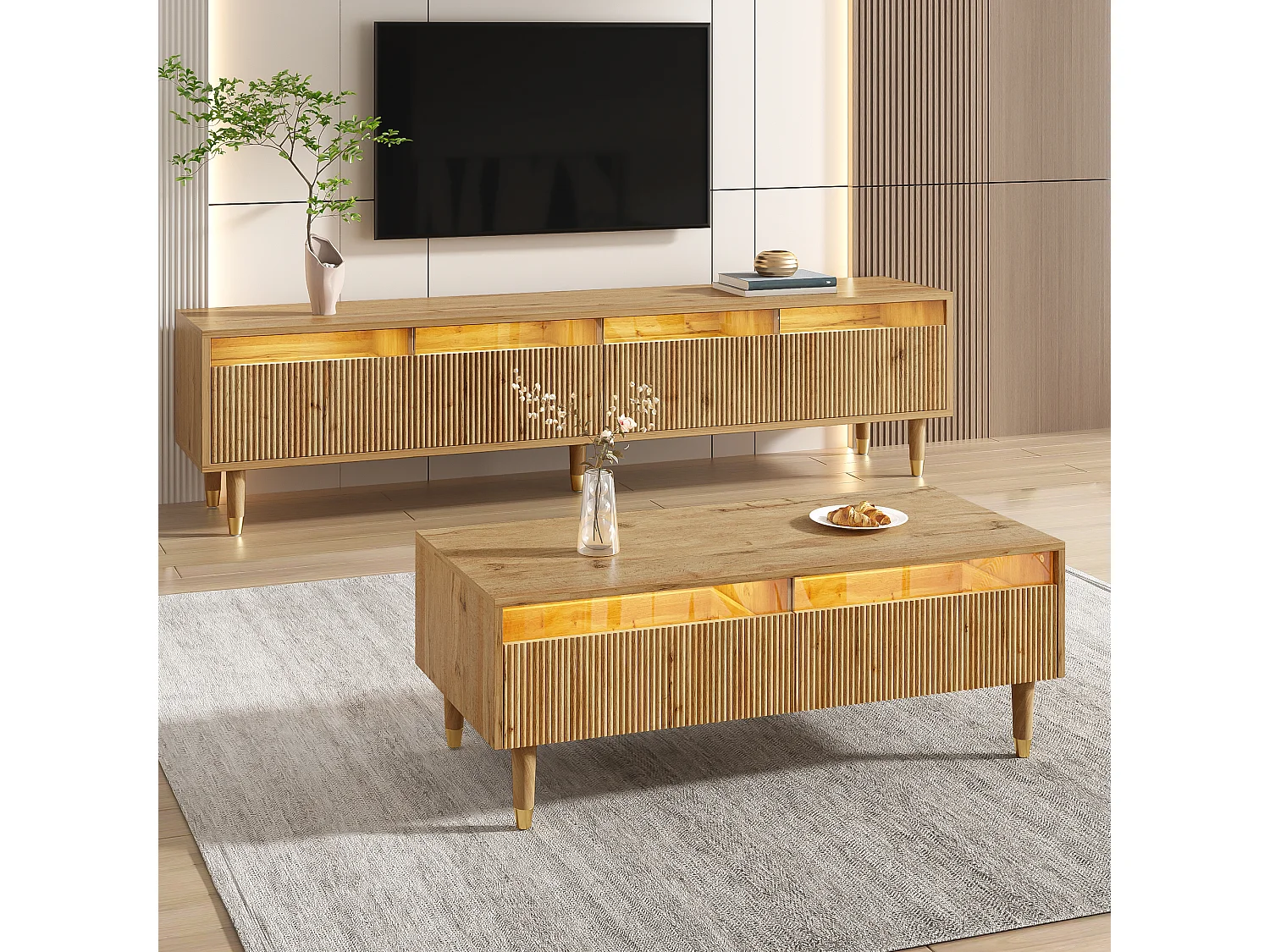 Set mobile TV con 4 cassetti + tavolino con 2 cassetti - con LED - MDF - naturale