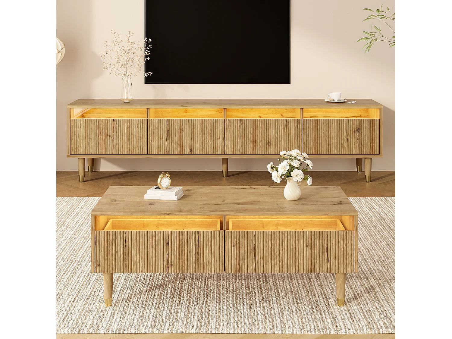 Set mobile TV con 4 cassetti + tavolino con 2 cassetti - con LED - MDF - naturale