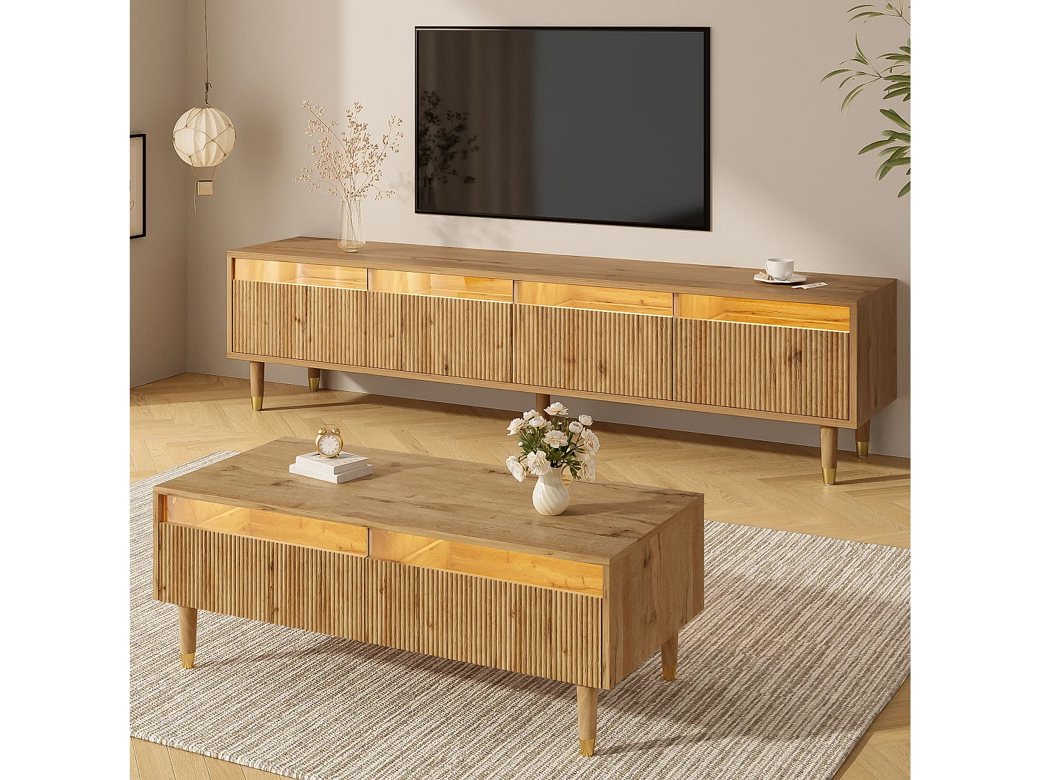 Set mobile TV con 4 cassetti + tavolino con 2 cassetti - con LED - MDF - naturale
