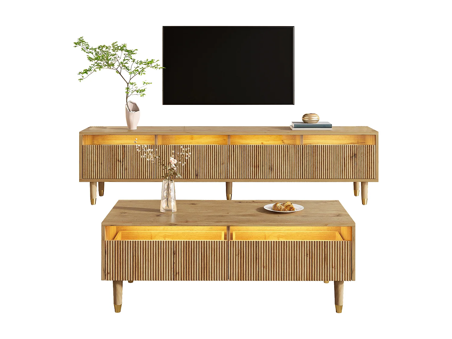 Ensemble de meuble TV avec 4 tiroirs + table basse avec 2 tiroirs - avec Leds - MDF - naturel