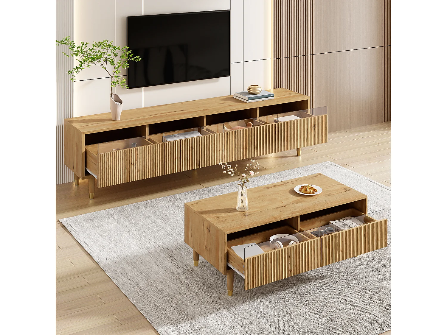 Ensemble de meuble TV avec 4 tiroirs + table basse avec 2 tiroirs - avec Leds - MDF - naturel