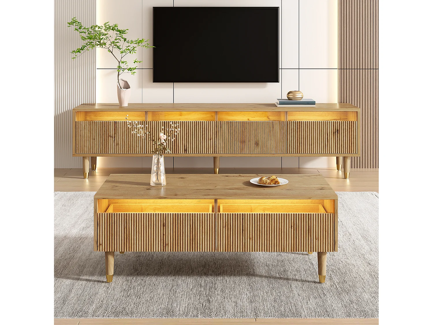 Ensemble de meuble TV avec 4 tiroirs + table basse avec 2 tiroirs - avec Leds - MDF - naturel