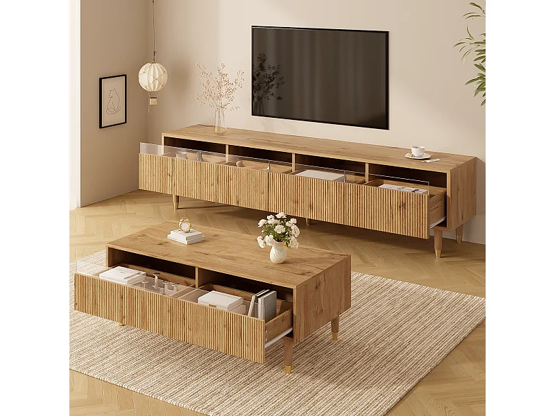 Ensemble de meuble TV avec 4 tiroirs + table basse avec 2 tiroirs - avec Leds - MDF - naturel