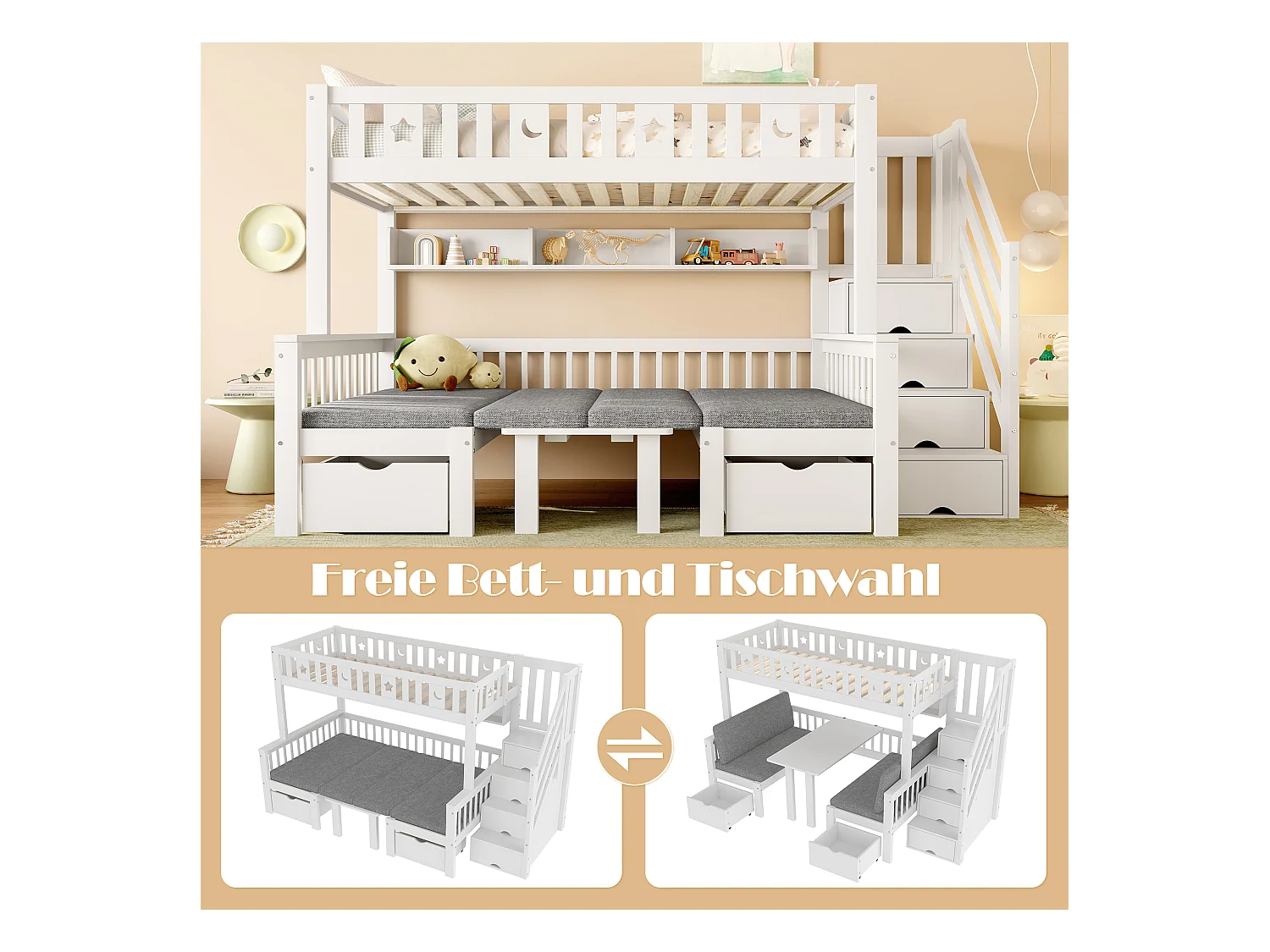 Lit mezzanine enfant - 90 x 200cm - 2 en 1 lit et bureau + échelle de rangement + clôture - bois - blanc