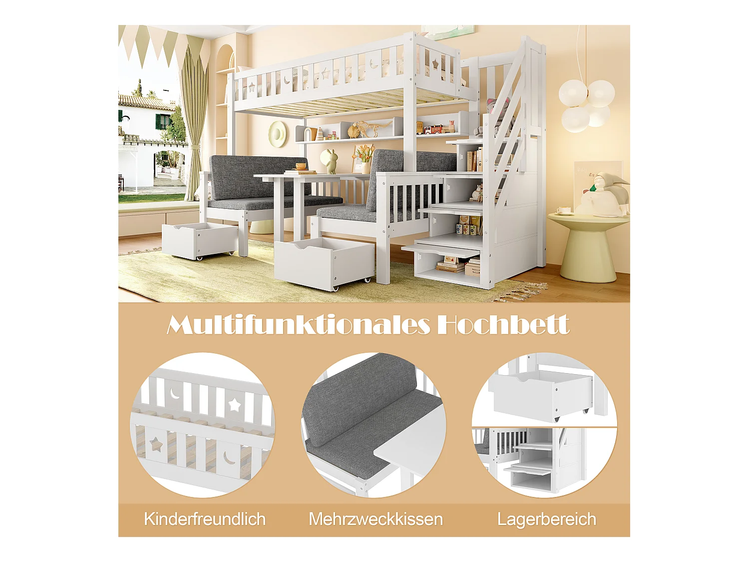 Lit mezzanine enfant - 90 x 200cm - 2 en 1 lit et bureau + échelle de rangement + clôture - bois - blanc