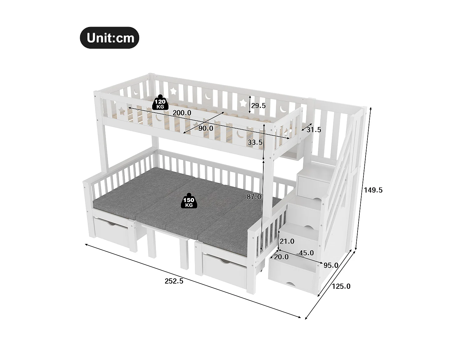 Lit mezzanine enfant - 90 x 200cm - 2 en 1 lit et bureau + échelle de rangement + clôture - bois - blanc