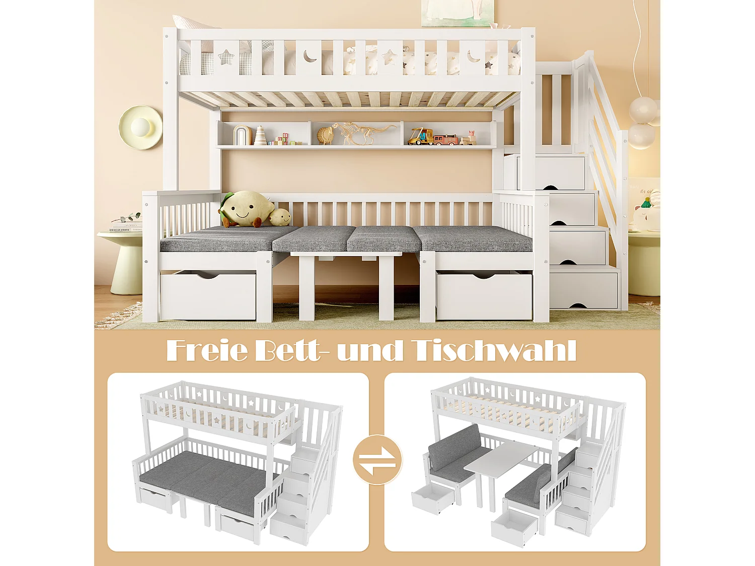 Lit mezzanine enfant - 90 x 200cm - 2 en 1 lit et bureau + échelle de rangement + clôture - bois - blanc