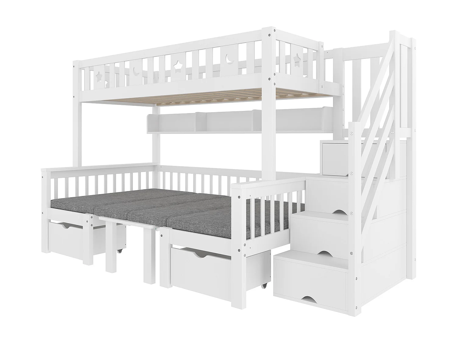 Lit mezzanine enfant - 90 x 200cm - 2 en 1 lit et bureau + échelle de rangement + clôture - bois - blanc