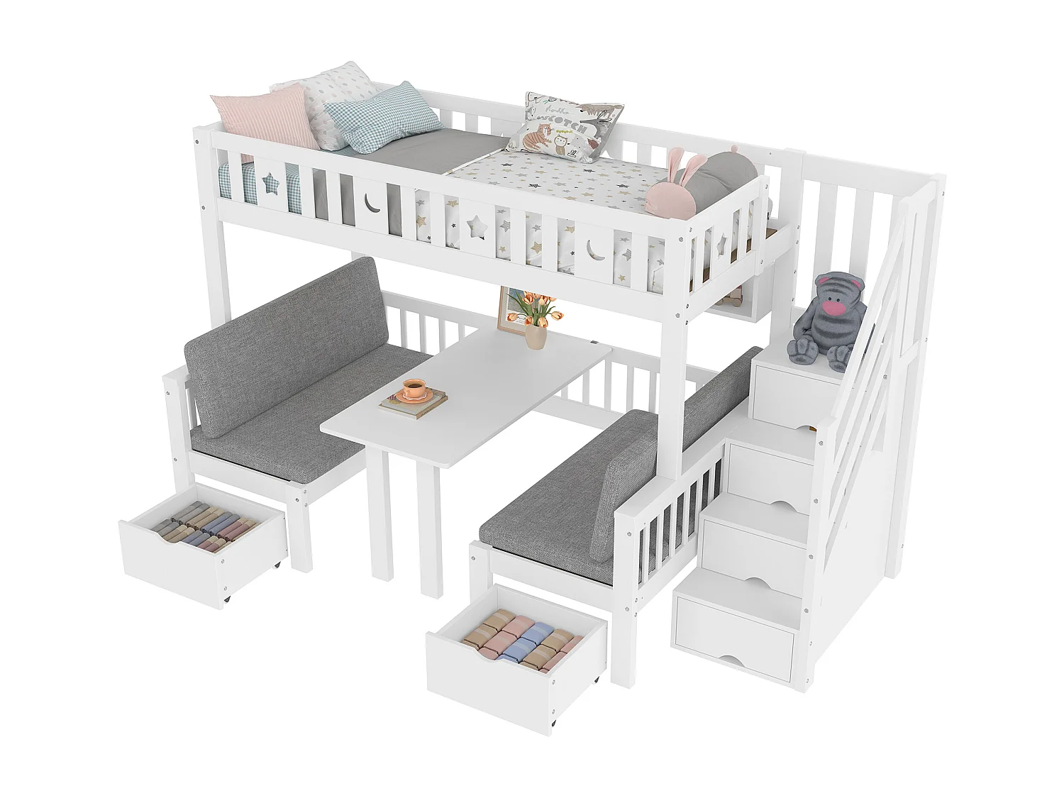 Lit mezzanine enfant - 90 x 200cm - 2 en 1 lit et bureau + échelle de rangement + clôture - bois - blanc